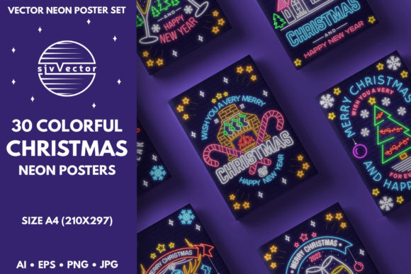 30 Colorful Christmas Neon Posters for Branding and Illustrations