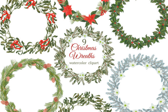 Christmas Wreaths Watercolor Clipart for Illustrations