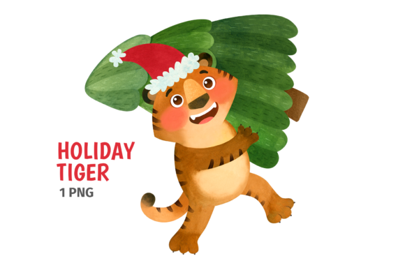 Tiger Santa with Christmas Tree Clipart for Festive Illustrations