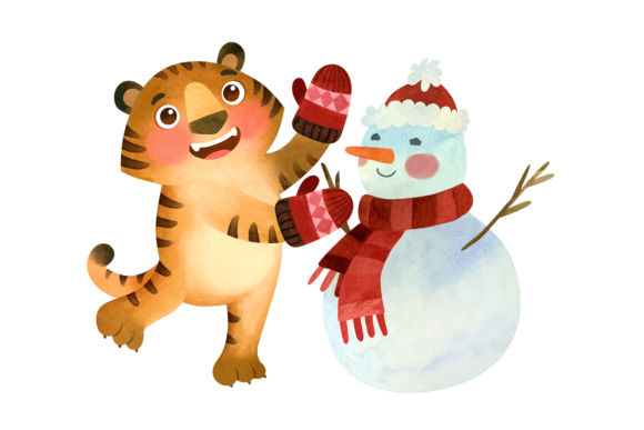 Tiger with Snowman Christmas Clipart Illustration
