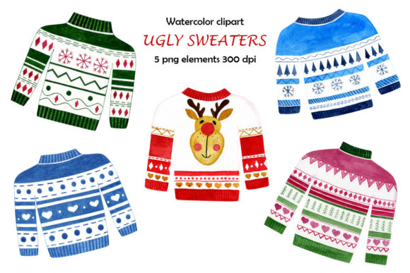 Watercolor Ugly Christmas Sweater Set Illustrations